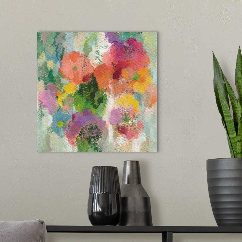 A modern room featuring Contemporary artwork of a rainbow of flowers in bloom.
