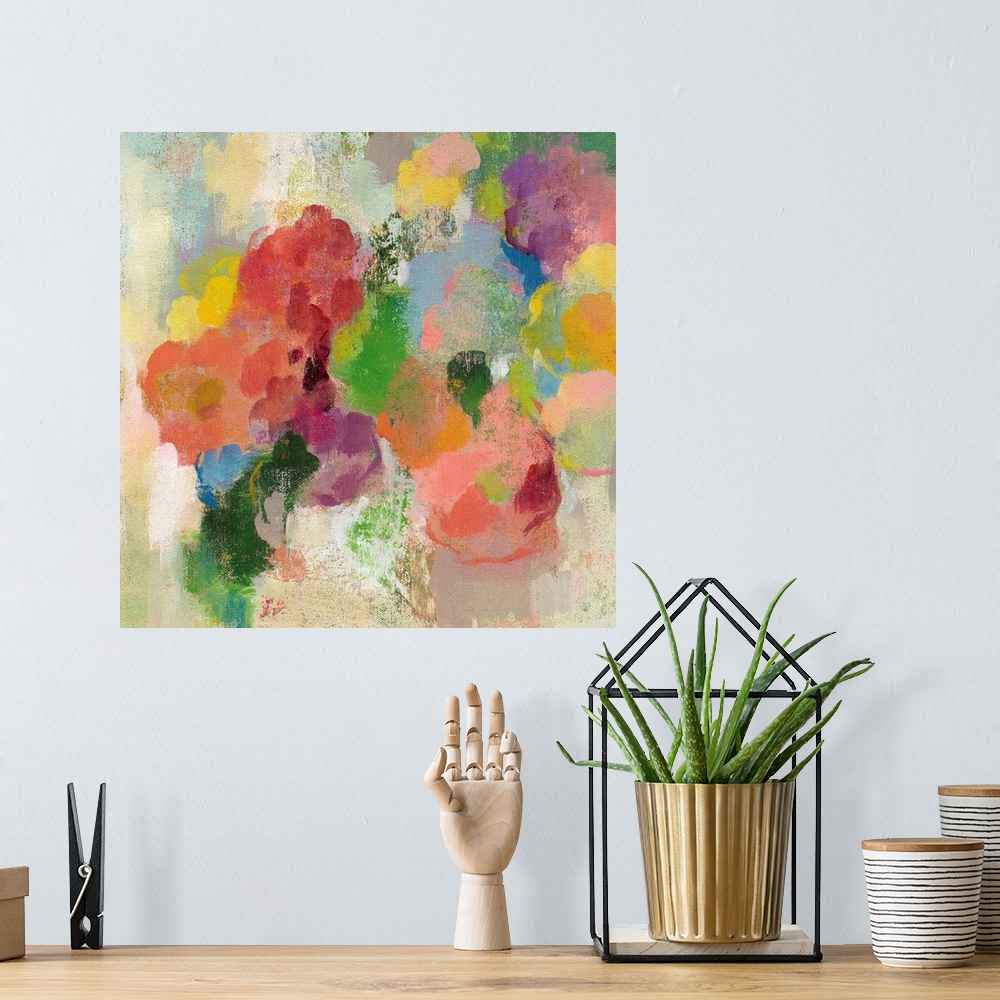 A bohemian room featuring Contemporary artwork of a rainbow of flowers in bloom.