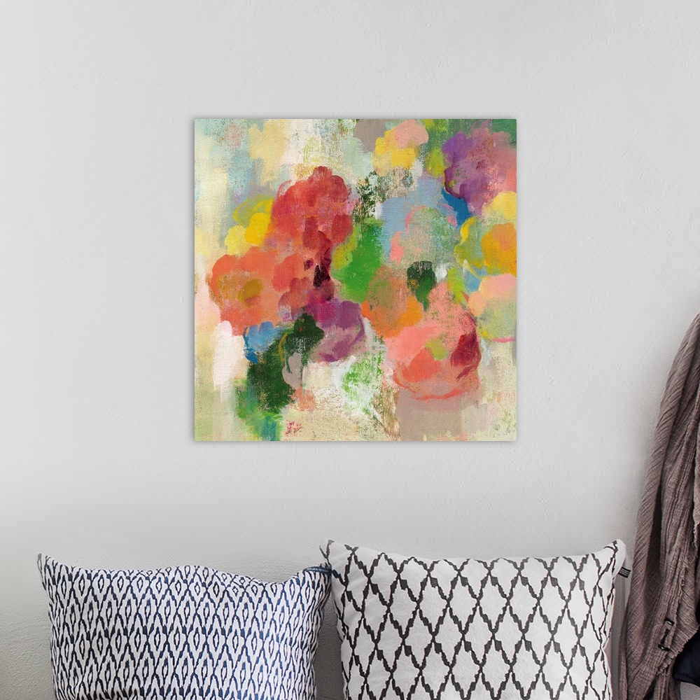A bohemian room featuring Contemporary artwork of a rainbow of flowers in bloom.