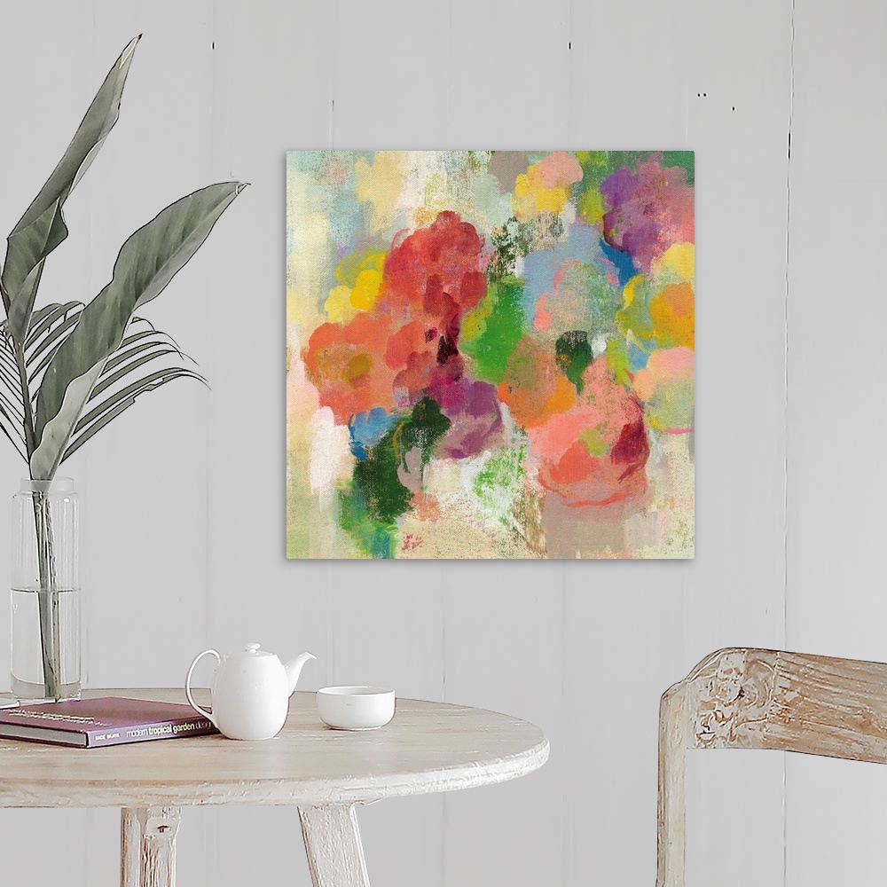 A farmhouse room featuring Contemporary artwork of a rainbow of flowers in bloom.