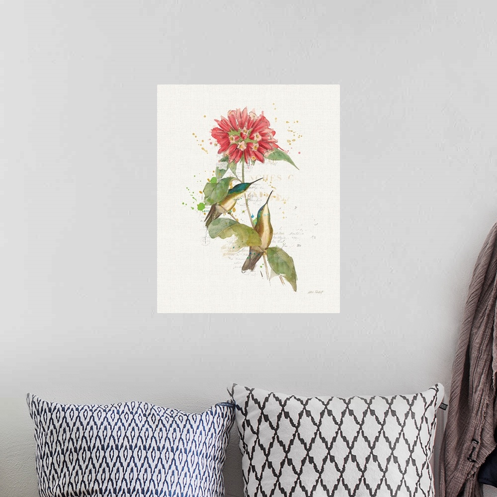 A bohemian room featuring Watercolor painting of a pink flower with two blue hummingbirds and paint splatter with faded tex...