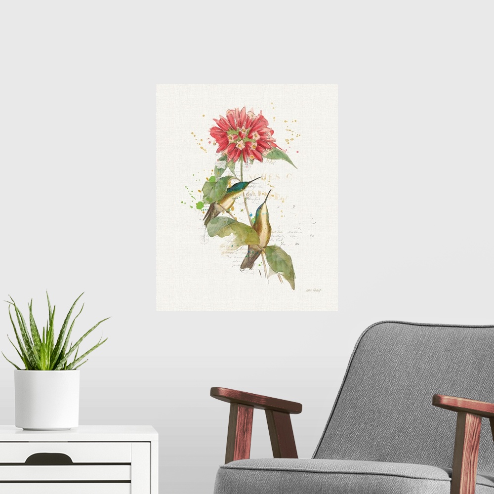 A modern room featuring Watercolor painting of a pink flower with two blue hummingbirds and paint splatter with faded tex...