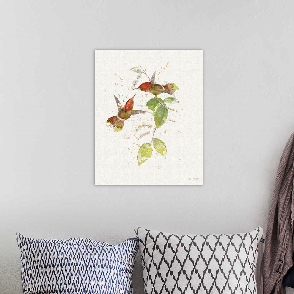 A bohemian room featuring Watercolor painting of two red hummingbirds with a twig and white flowers with faded text on the ...