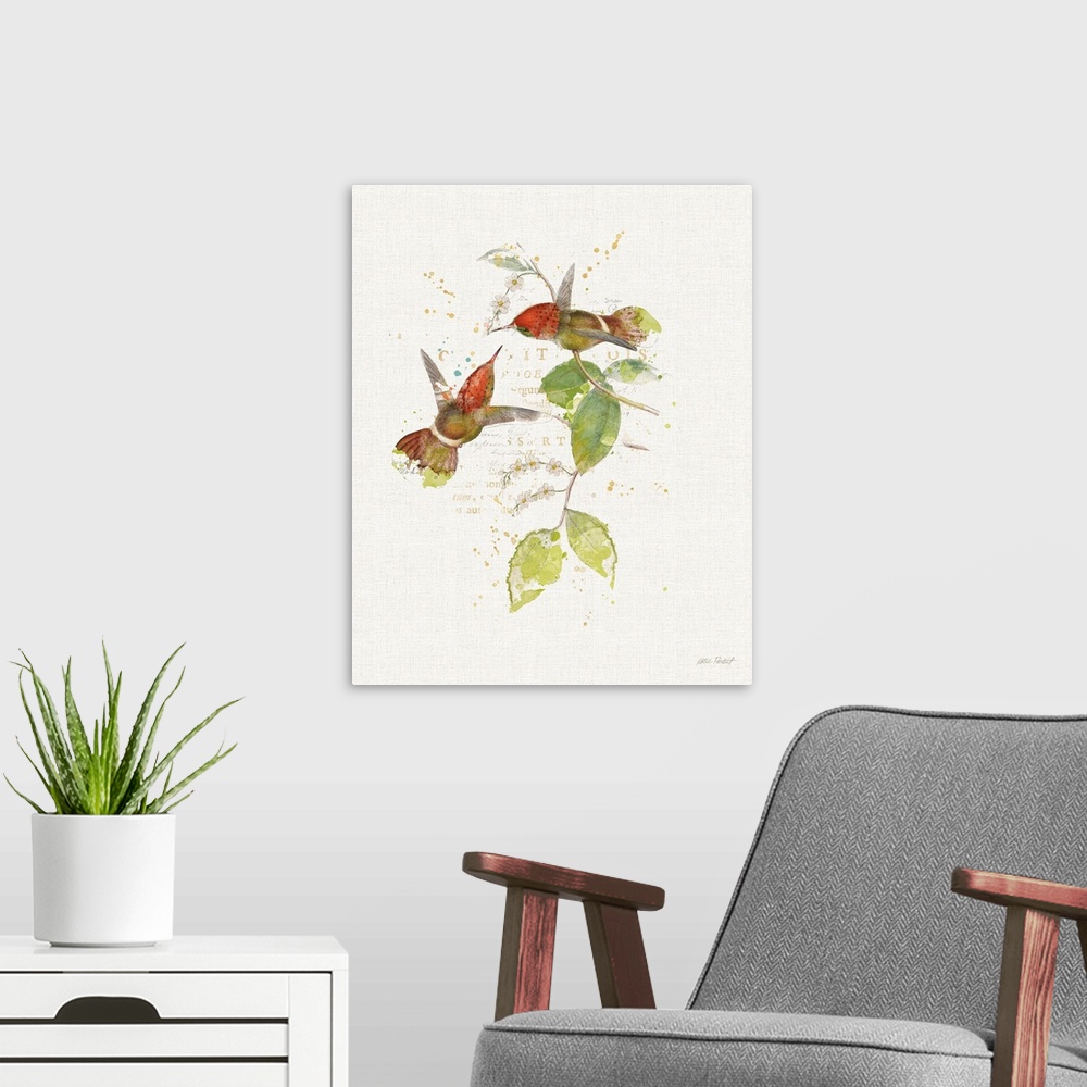 A modern room featuring Watercolor painting of two red hummingbirds with a twig and white flowers with faded text on the ...