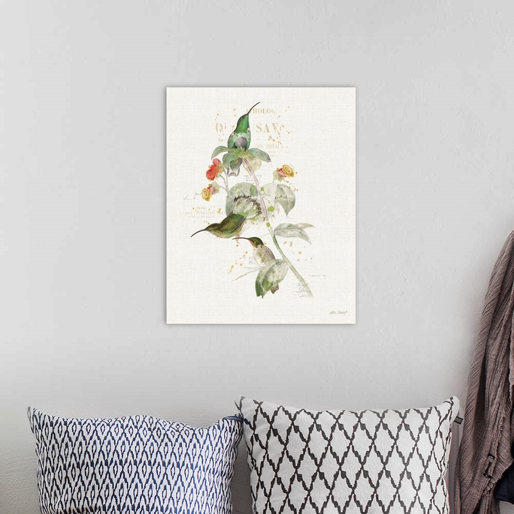 A bohemian room featuring Watercolor painting of three green hummingbirds perched on a branch with flowers and paint splatt...