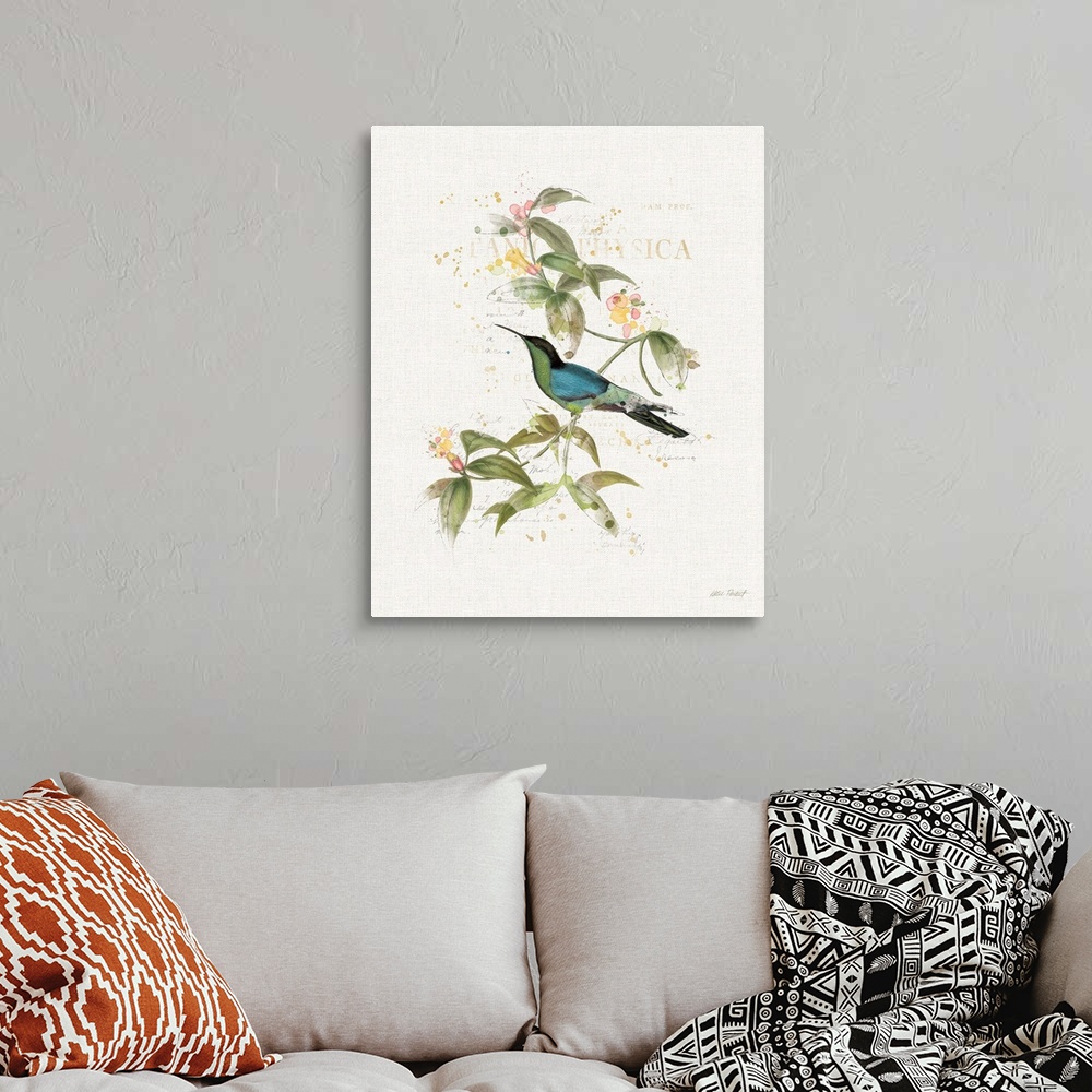 A bohemian room featuring Watercolor painting of a blue and green hummingbird perched on a branch with flowers and paint sp...