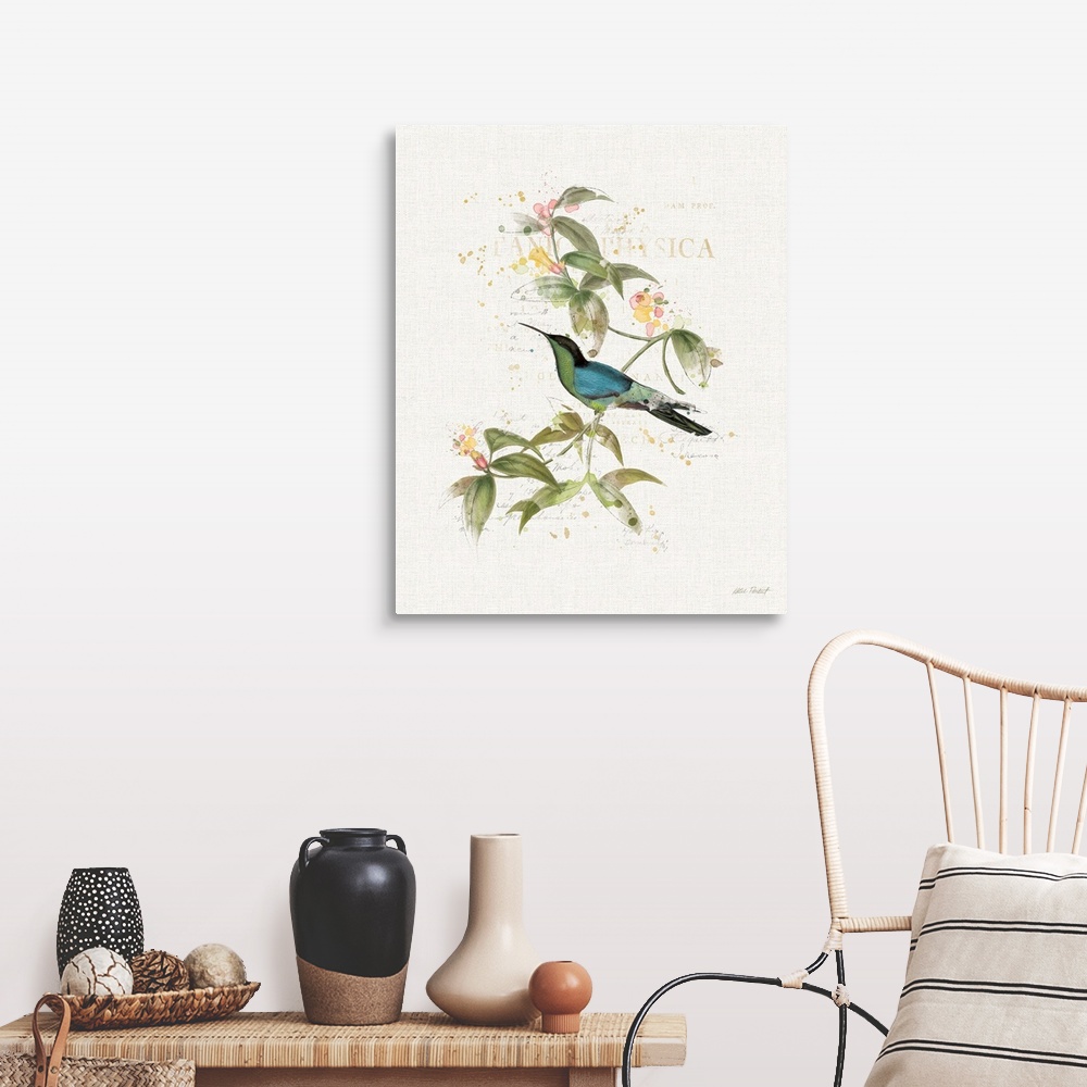 A farmhouse room featuring Watercolor painting of a blue and green hummingbird perched on a branch with flowers and paint sp...