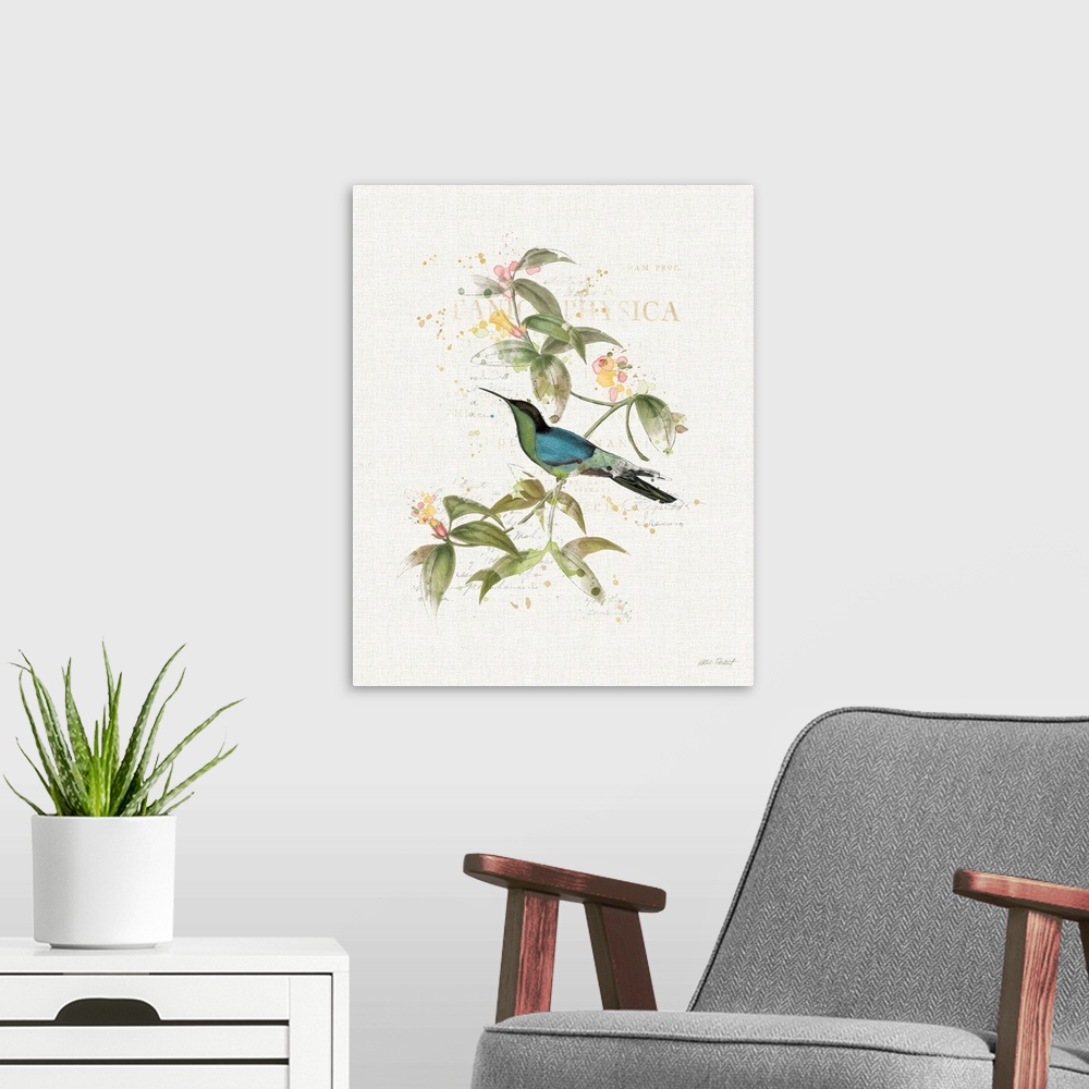 A modern room featuring Watercolor painting of a blue and green hummingbird perched on a branch with flowers and paint sp...