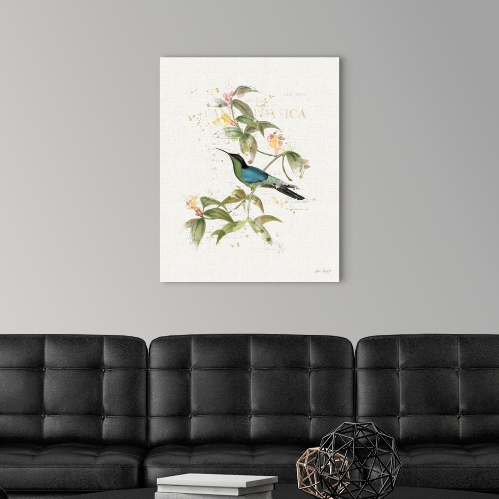 A modern room featuring Watercolor painting of a blue and green hummingbird perched on a branch with flowers and paint sp...