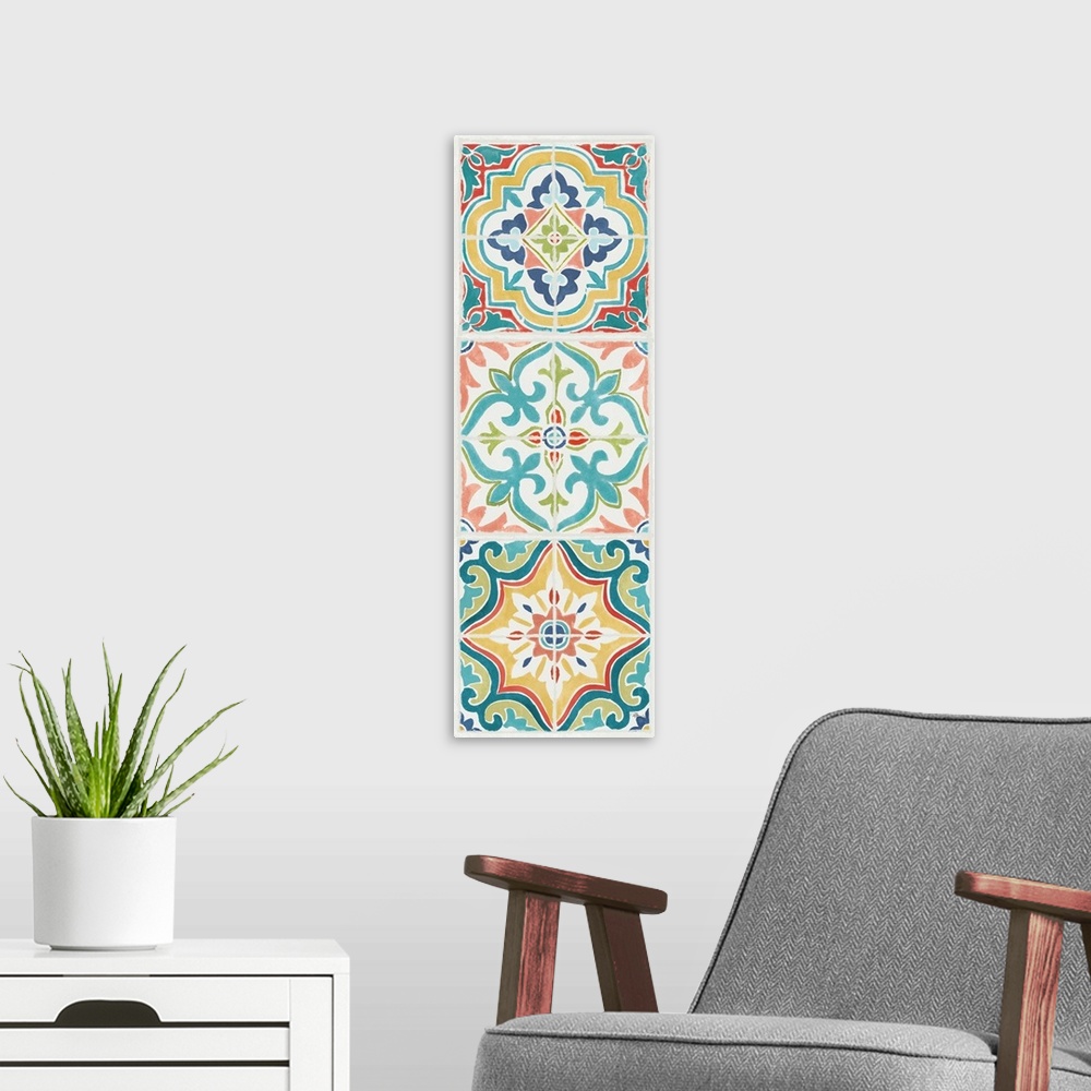A modern room featuring Vertical artwork of square floral tile designs in cool colors of blue, green and red.