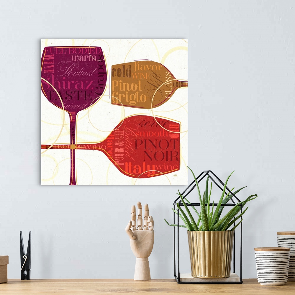 A bohemian room featuring Oversized, square artwork of several wine glasses in varying solid colors, placed in different di...