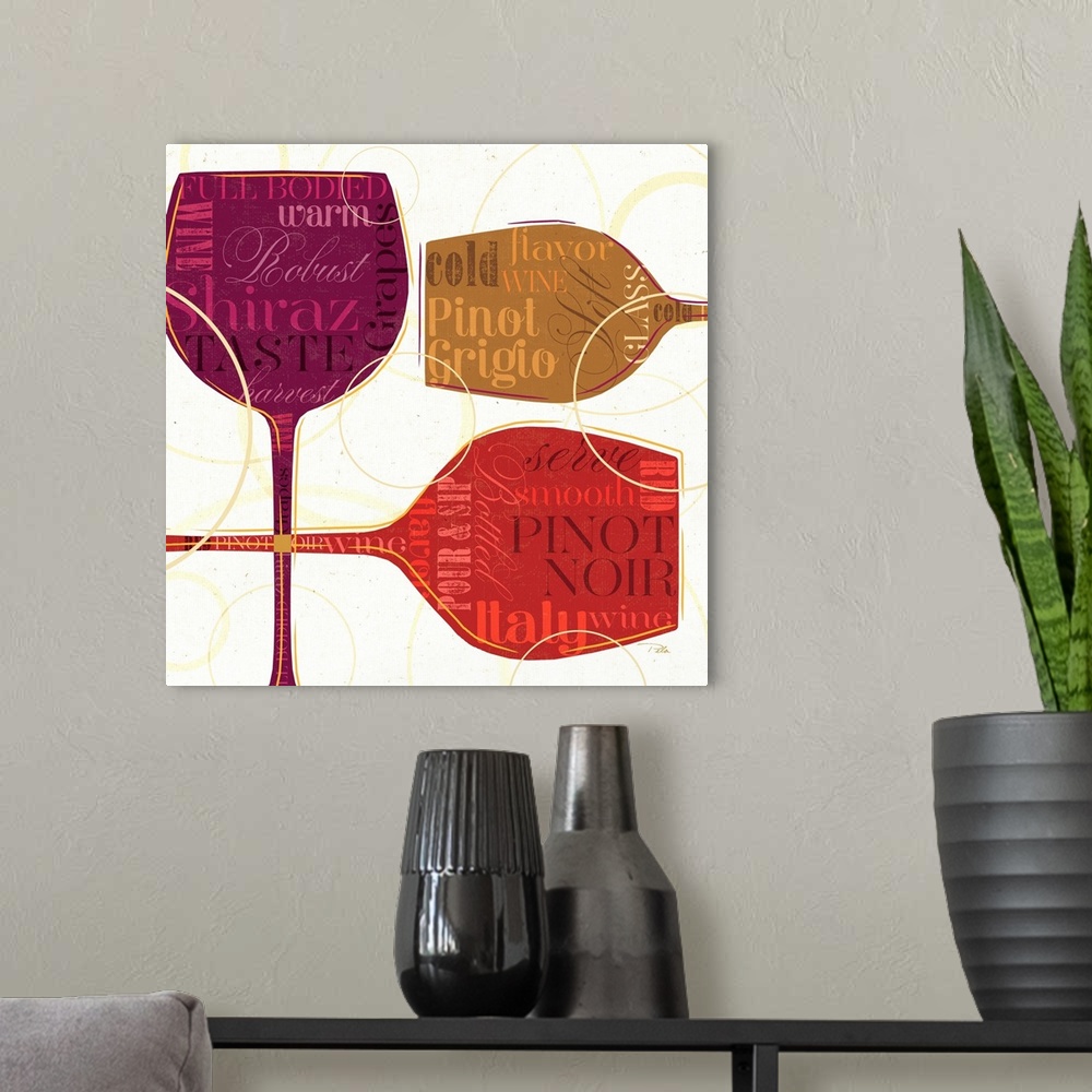 A modern room featuring Oversized, square artwork of several wine glasses in varying solid colors, placed in different di...