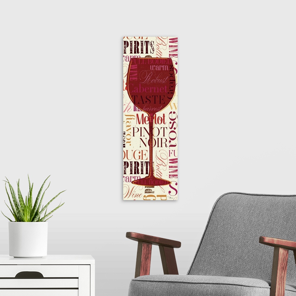 A modern room featuring Contemporary artwork of a red wine glass against a background of text.
