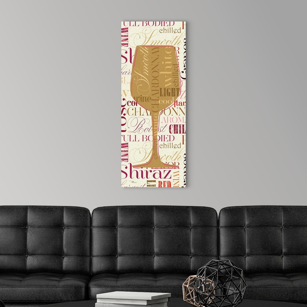 A modern room featuring Contemporary artwork of a white wine glass against a background of text.