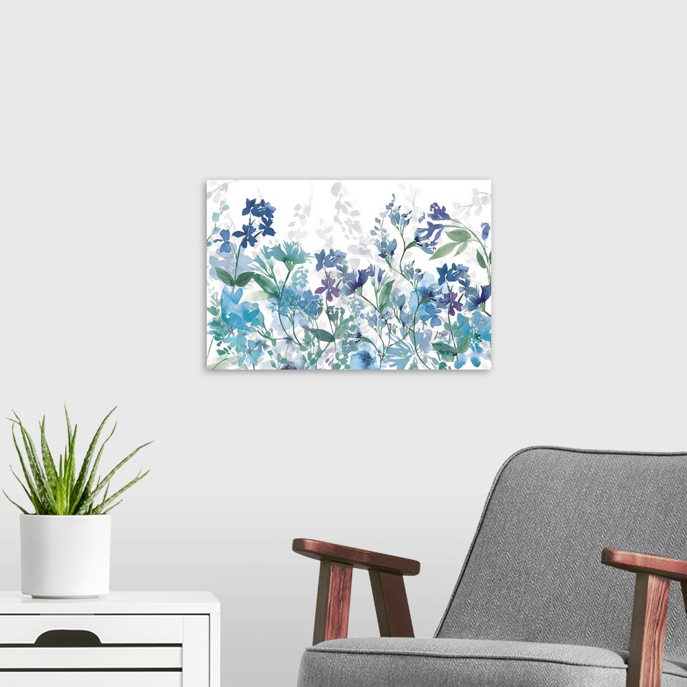A modern room featuring Contemporary artwork of a garden full of blue and purple flowers on a white background.