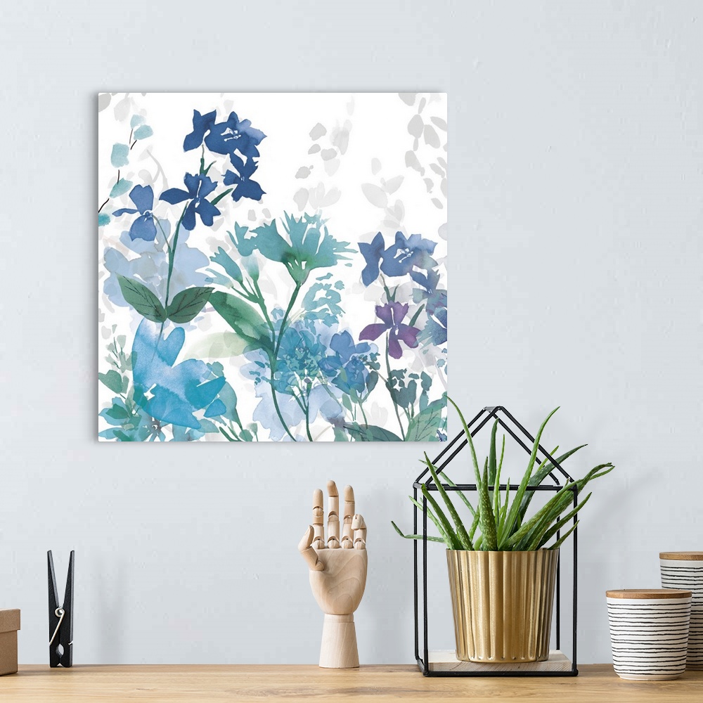 A bohemian room featuring Contemporary artwork of a garden full of blue and purple flowers on a white background.