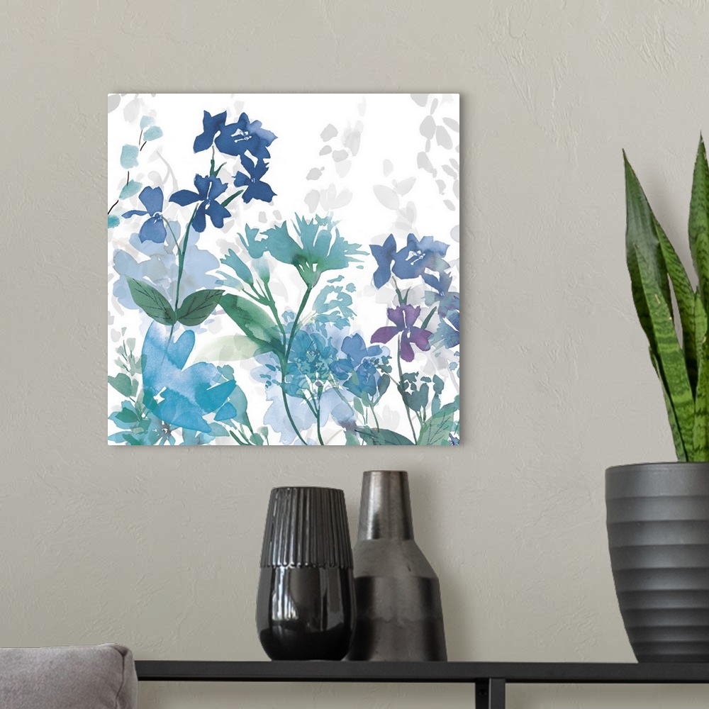 A modern room featuring Contemporary artwork of a garden full of blue and purple flowers on a white background.