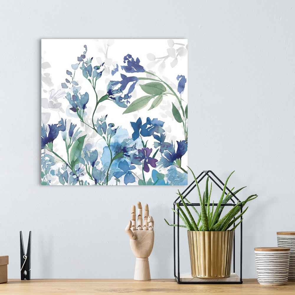 A bohemian room featuring Contemporary artwork of a garden full of blue and purple flowers on a white background.