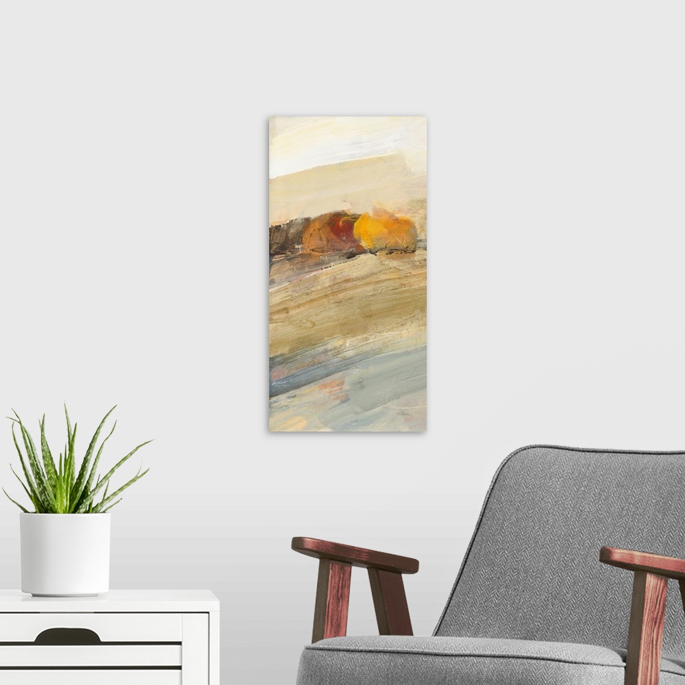 A modern room featuring A vertical abstract landscape of an autumn field lined by trees with texture horizontal brush str...
