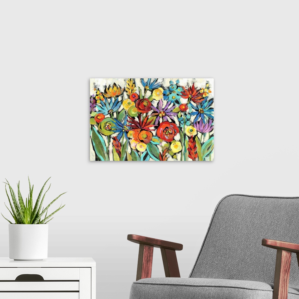 A modern room featuring Colorful abstract painting of a group of wildflowers on a neutral background.
