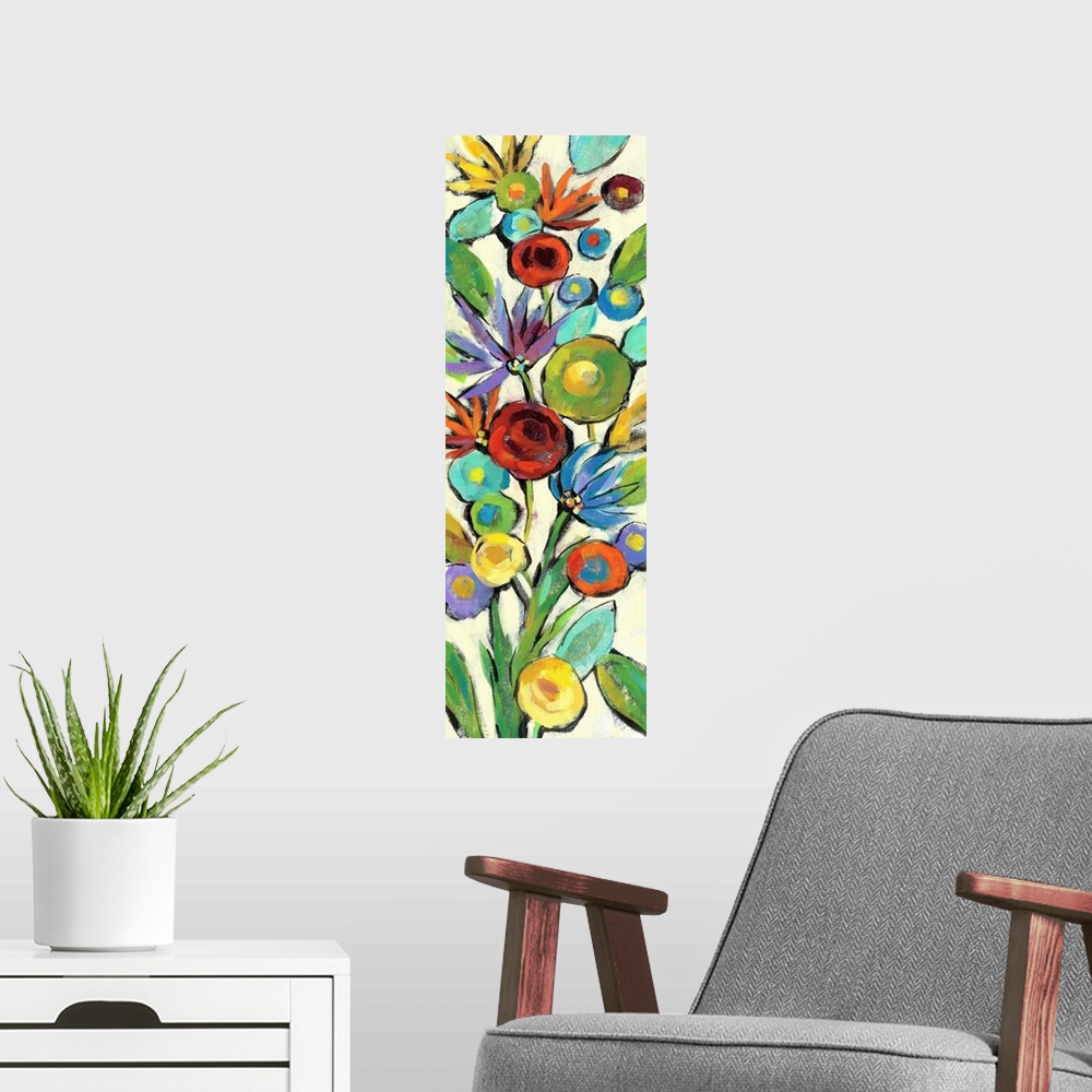 A modern room featuring Tall, rectangular painting of colorful wildflowers filling up the entire canvas on a neutral colo...