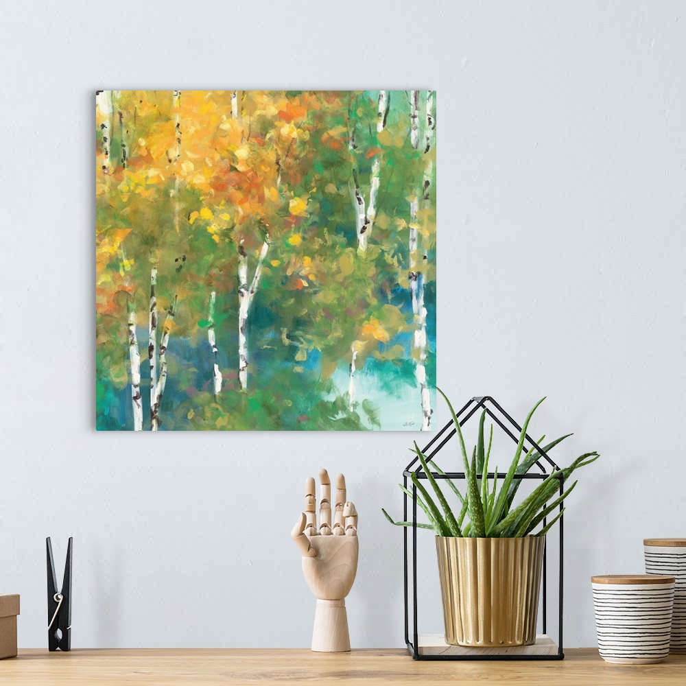 A bohemian room featuring Contemporary artwork of a forest of thin birch trees turning fall colors.
