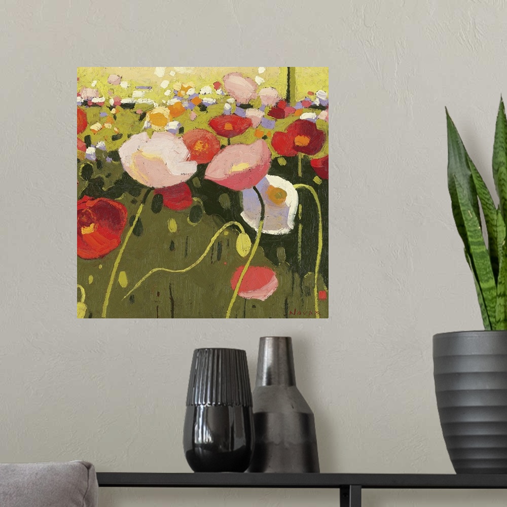 A modern room featuring Square painting on canvas of a field of brightly colored flowers.
