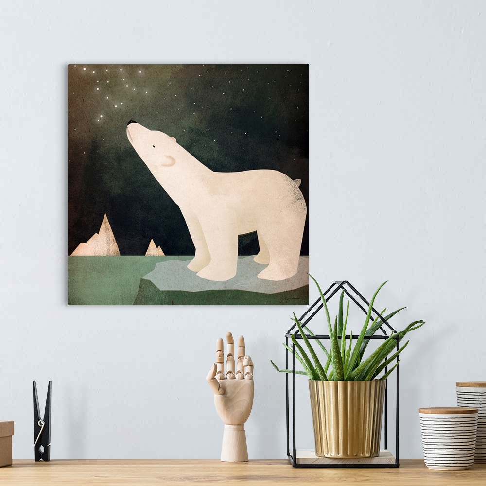 A bohemian room featuring A polar bear on an ice floe looking up at stars in the sky.