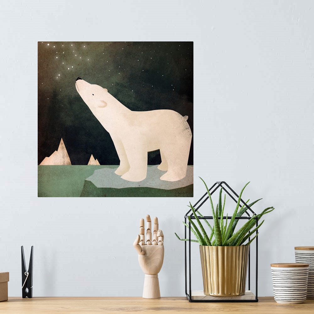 A bohemian room featuring A polar bear on an ice floe looking up at stars in the sky.