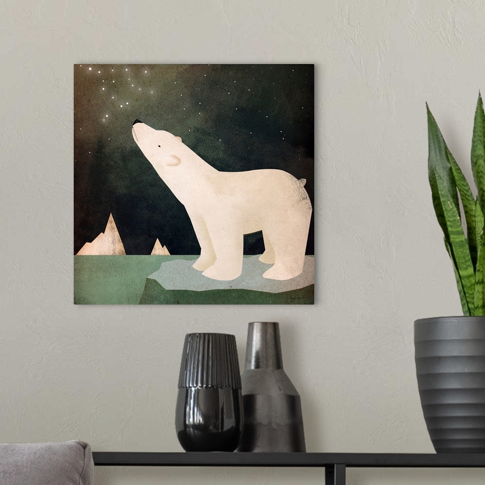 A modern room featuring A polar bear on an ice floe looking up at stars in the sky.