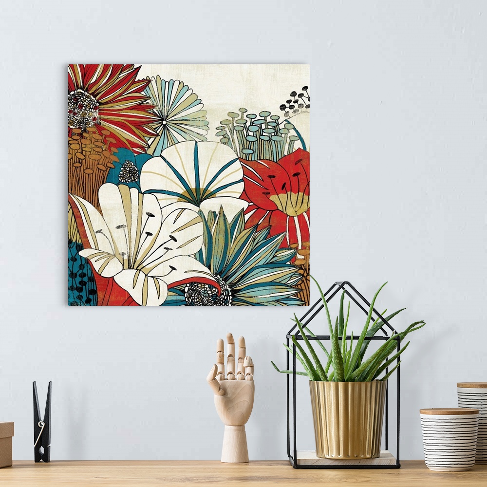 A bohemian room featuring Contemporary painting of retro flower blossoms.