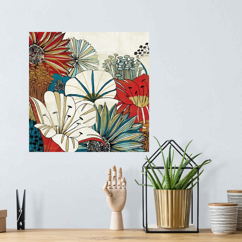 A bohemian room featuring Contemporary painting of retro flower blossoms.