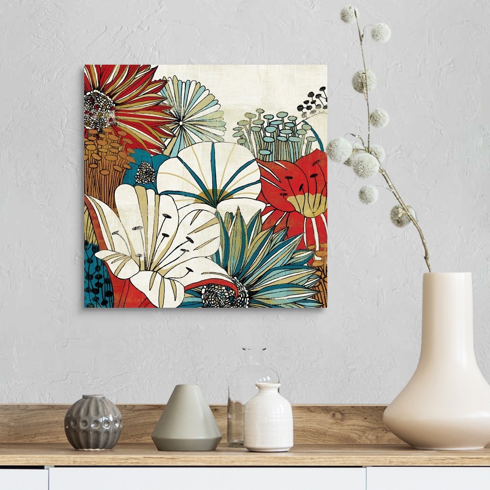 A farmhouse room featuring Contemporary painting of retro flower blossoms.