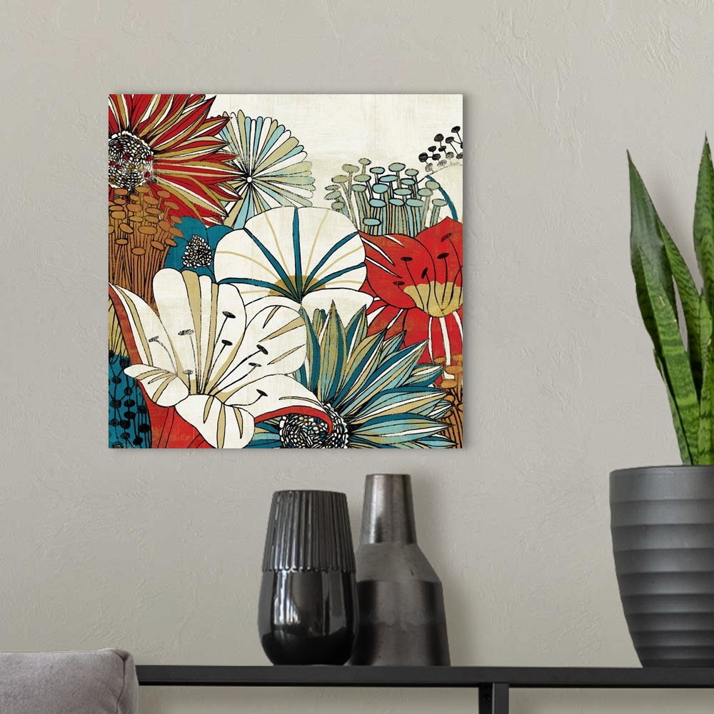 A modern room featuring Contemporary painting of retro flower blossoms.