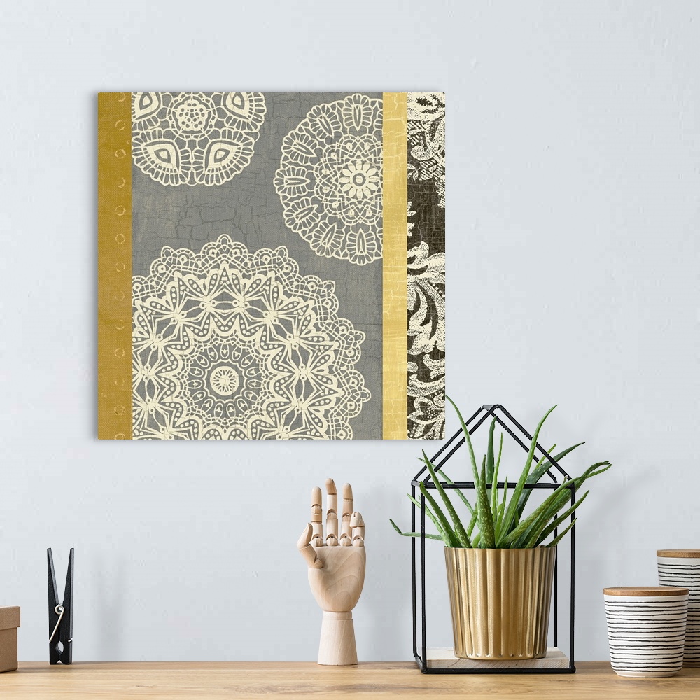 A bohemian room featuring Contemporary Lace II - Yellow Grey