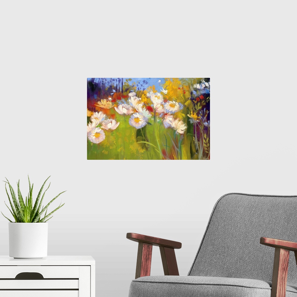 A modern room featuring Contemporary painting of daisies in a field sprinkled with tall grass and wheat stalks.