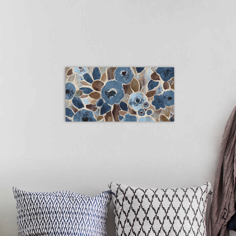 A bohemian room featuring Contemporary painting of soft blue flowers with brown leaves and stems.