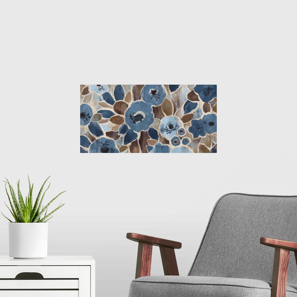 A modern room featuring Contemporary painting of soft blue flowers with brown leaves and stems.