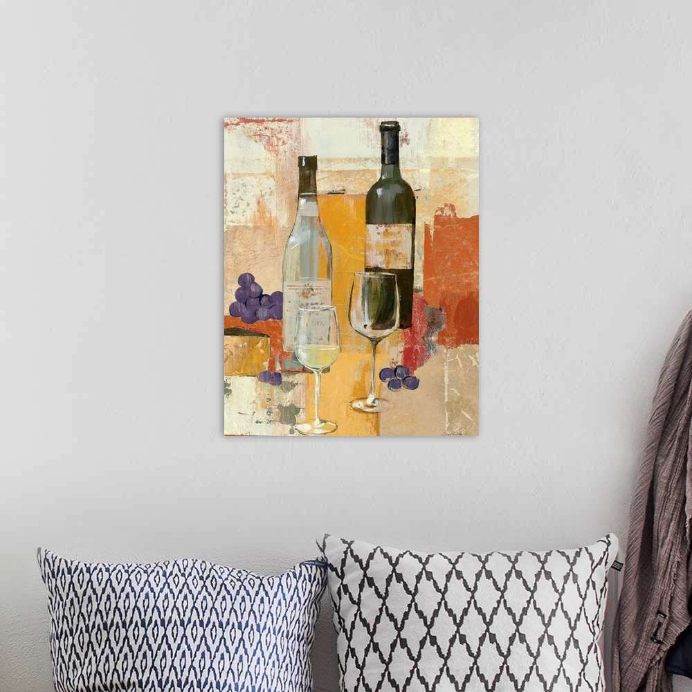 A bohemian room featuring Home docor painting of two wine bottles and glasses with some grapes on the side on a block-style...