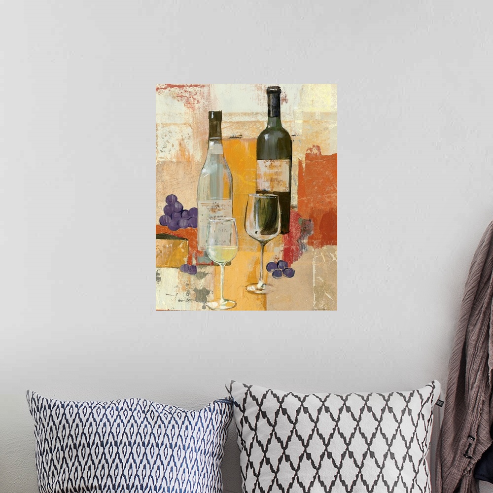 A bohemian room featuring Home docor painting of two wine bottles and glasses with some grapes on the side on a block-style...