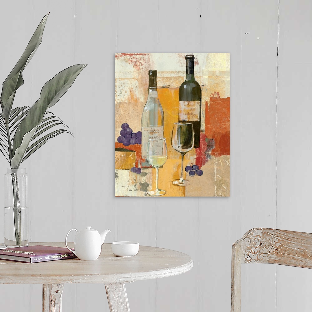 A farmhouse room featuring Home docor painting of two wine bottles and glasses with some grapes on the side on a block-style...
