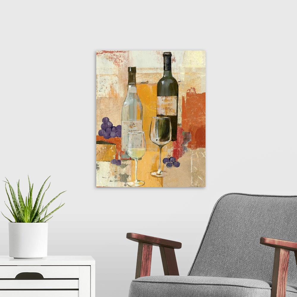 A modern room featuring Home docor painting of two wine bottles and glasses with some grapes on the side on a block-style...