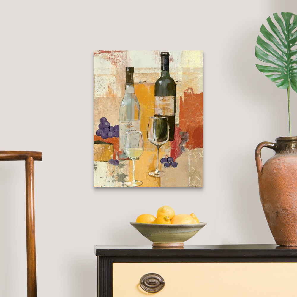A traditional room featuring Home docor painting of two wine bottles and glasses with some grapes on the side on a block-style...
