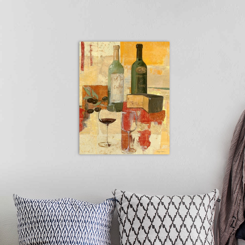 A bohemian room featuring Contemporary painting of two bottles of wine, a block of cheese, and two wine glasses on an abstr...
