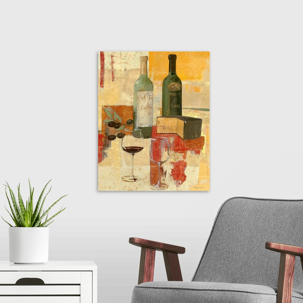 A modern room featuring Contemporary painting of two bottles of wine, a block of cheese, and two wine glasses on an abstr...