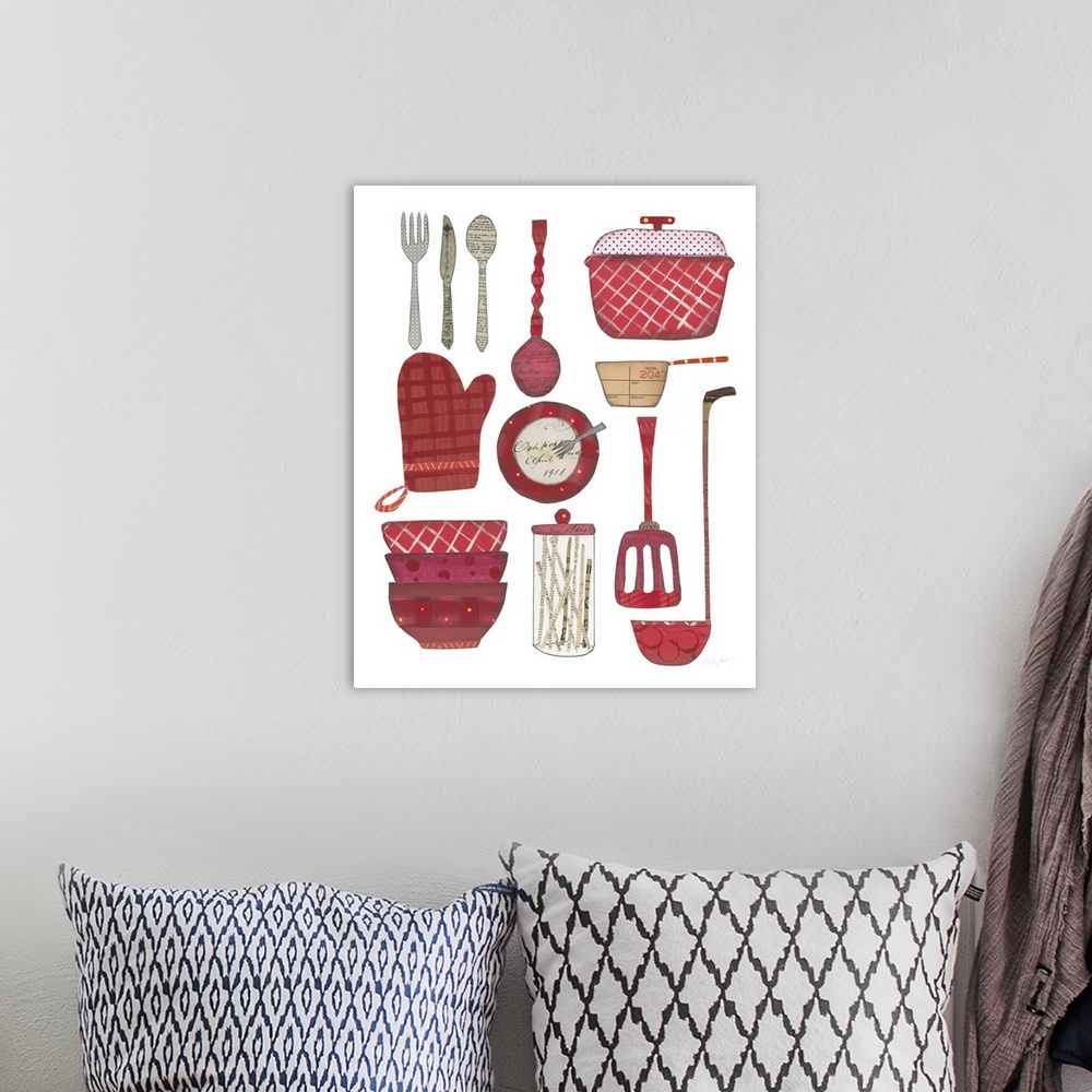 A bohemian room featuring Red designed kitchen utensils  and supplies made out of written recipe cards and paint.
