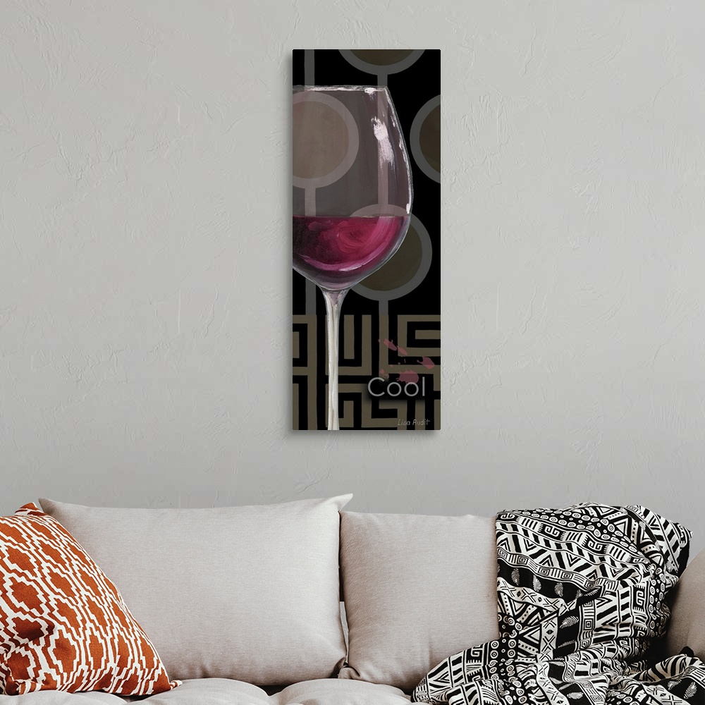 A bohemian room featuring Vertical panoramic mixed media artwork of a glass of wine with the text "Cool," with a line and c...
