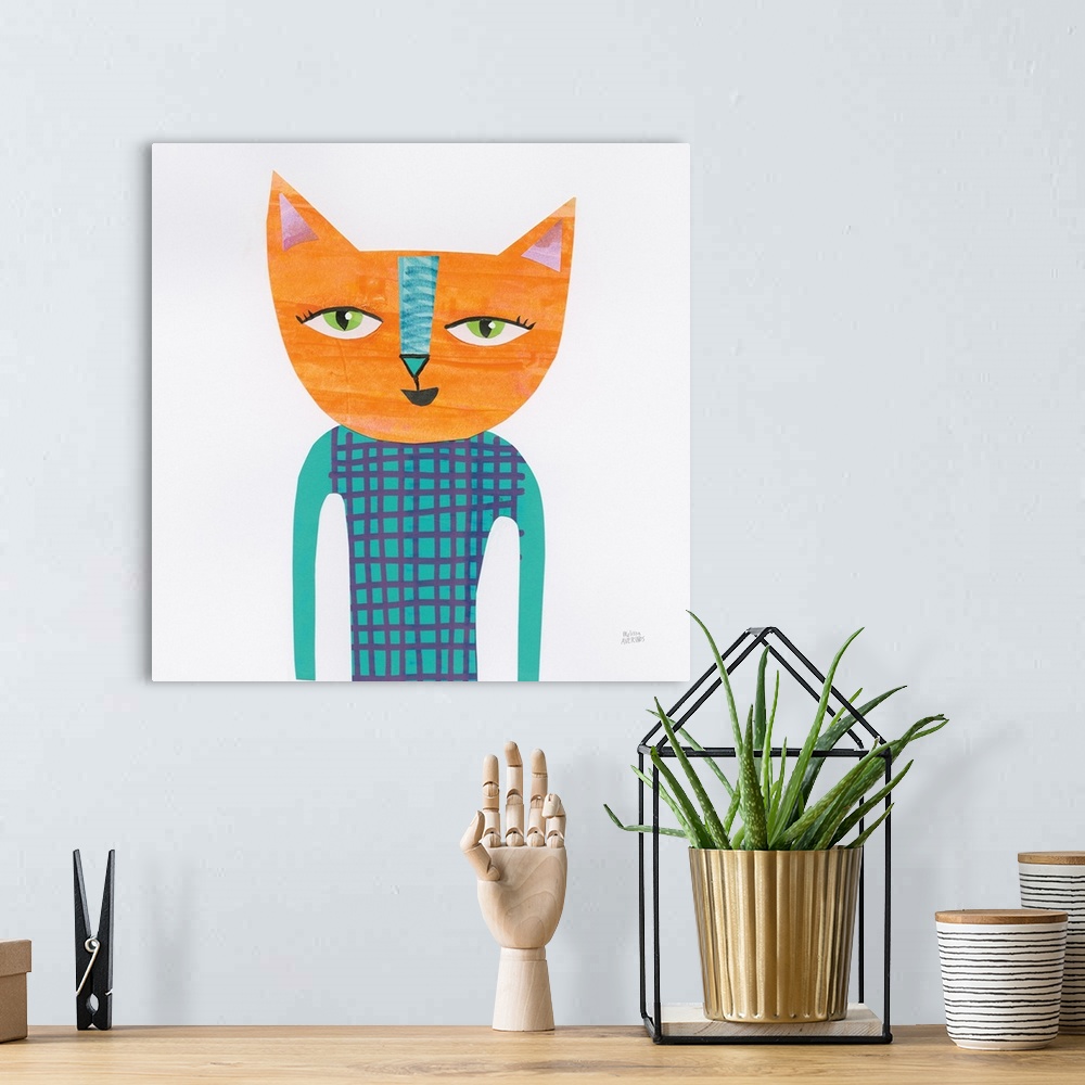 A bohemian room featuring Whimsy square cut and paste art of a colorfully designed, upright cat on a white background.