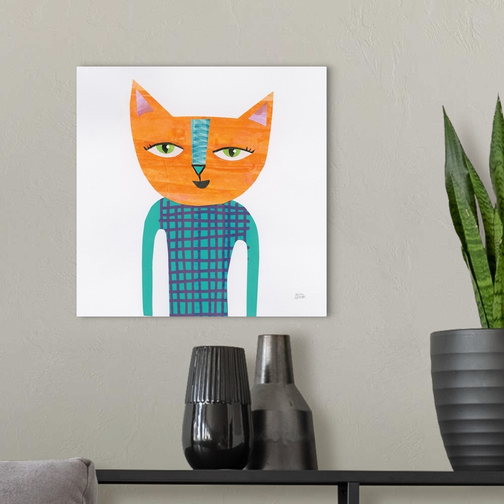A modern room featuring Whimsy square cut and paste art of a colorfully designed, upright cat on a white background.
