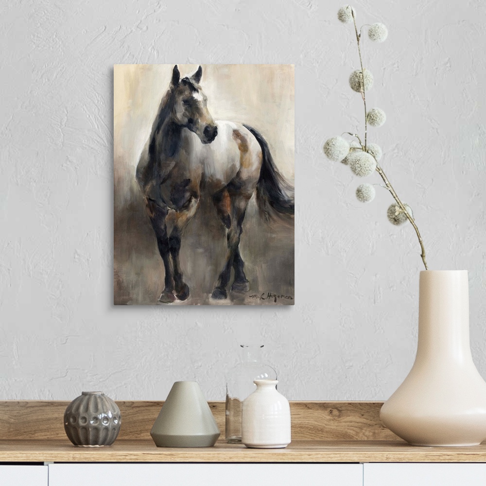 A farmhouse room featuring Contemporary painting of a horse in shades of brown.